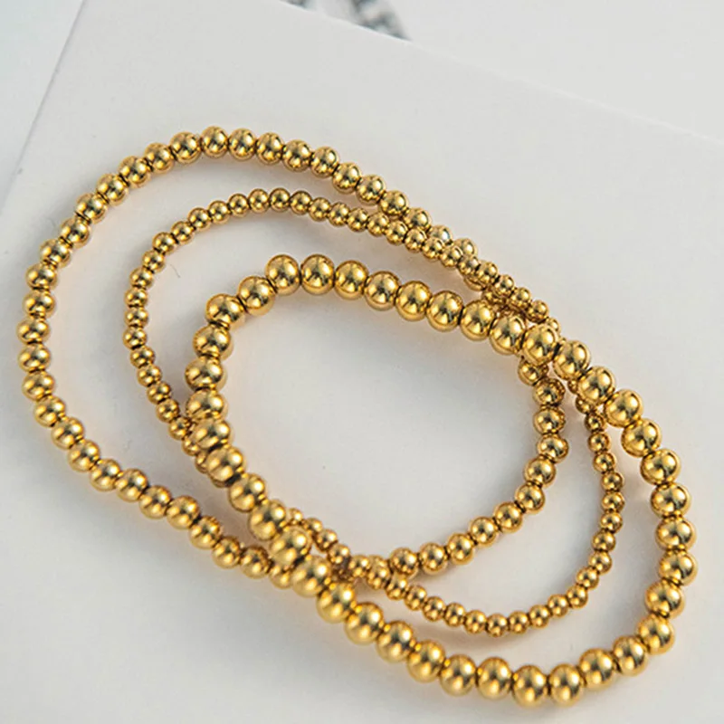 New Stainless Steel Beaded Bracelet 14k Gold Plated Round Beads Stretchable Elastic Bracelet for Women Handmade Jewelry Gift