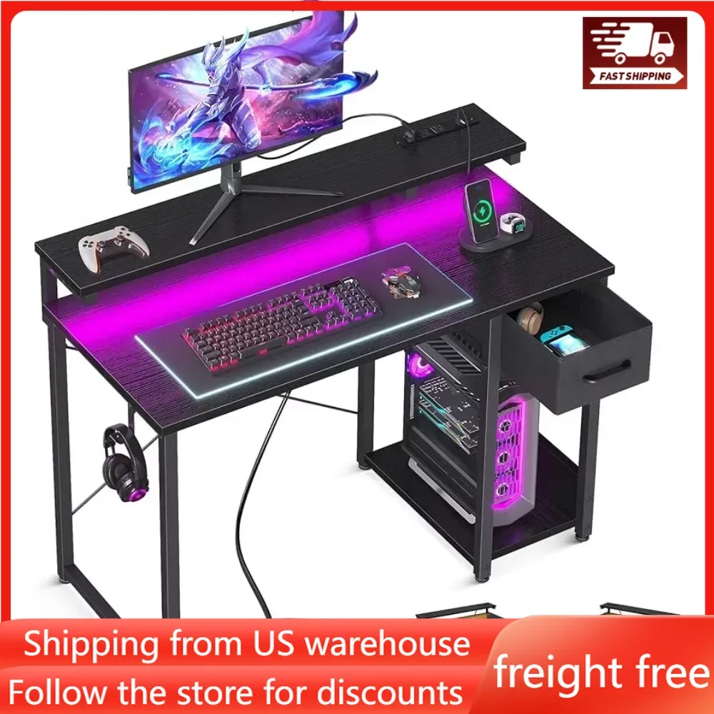 

Gaming Desk with LED Lights & Power Outlet,40 Inch Small Computer Desk with Drawer,Reversible Desk with Adjustable Monitor Shelf