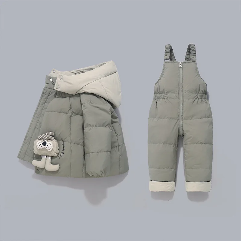 IYEAL 2025 Winter Kids Clothing Sets Big Fur Hooded Down Coat + Overalls Children Warm Snowsuit For Girls & Boys 1-4 Years