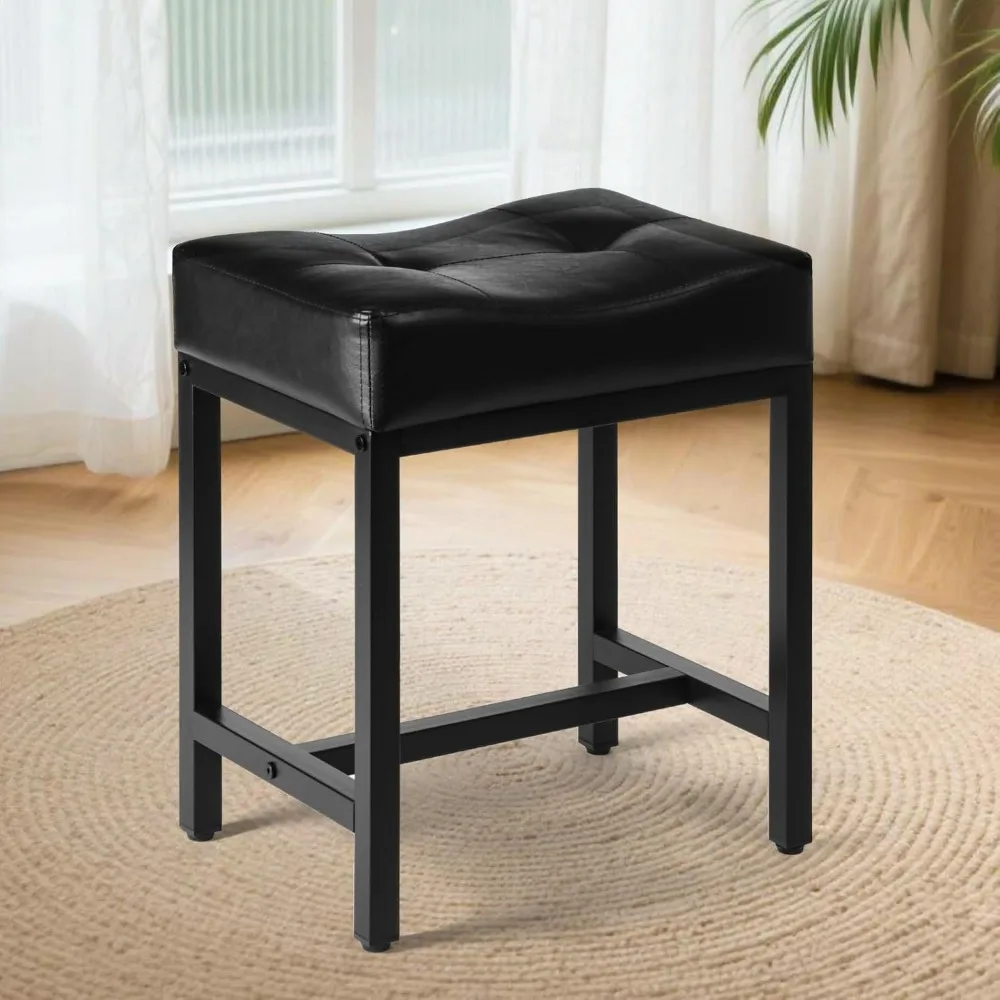 Metal Leg Makeup Vanity Chair with U-Shaped Faux Leather Footrest and Small Square Stool