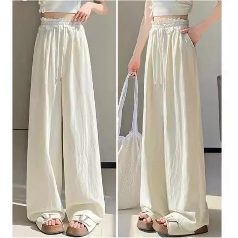 

Ленивый стиль, абрикосовые широкие женские весенне-осенние тонкие свободные повседневные брюки с высокой талией и кружевом