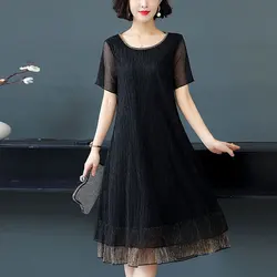 Korean Spliced O-Neck Midi Dress Commute Summer Stylish Bright Silk Women's Clothing Short Sleeve Basic A-Line Waist Dresses New