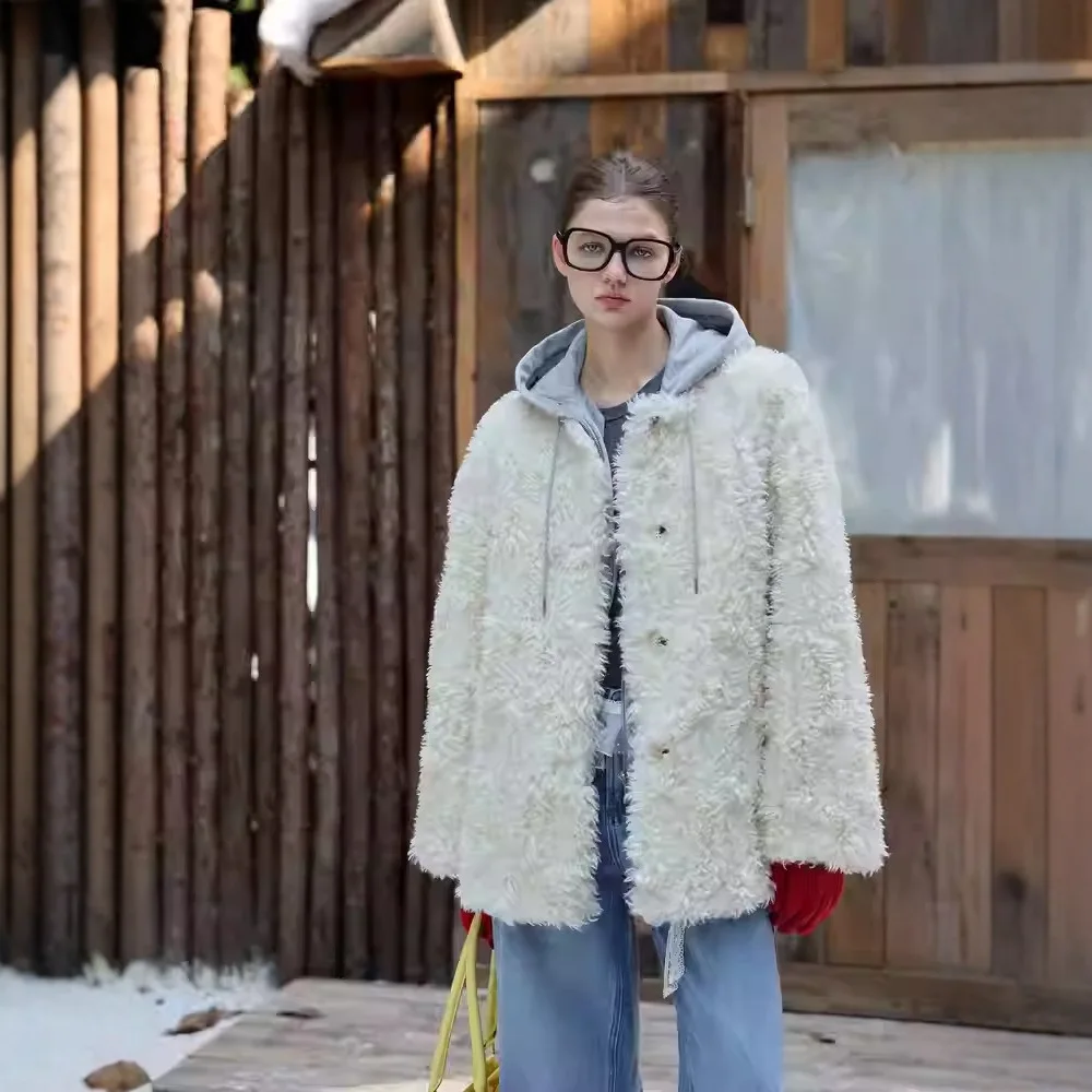 مترهل مجعد المرأة الفراء الاصطناعي أبلى لون نقي واحدة الصدر سيدة فرو منك سترة الشتاء معطف فرو صناعي الإناث عادية #2
