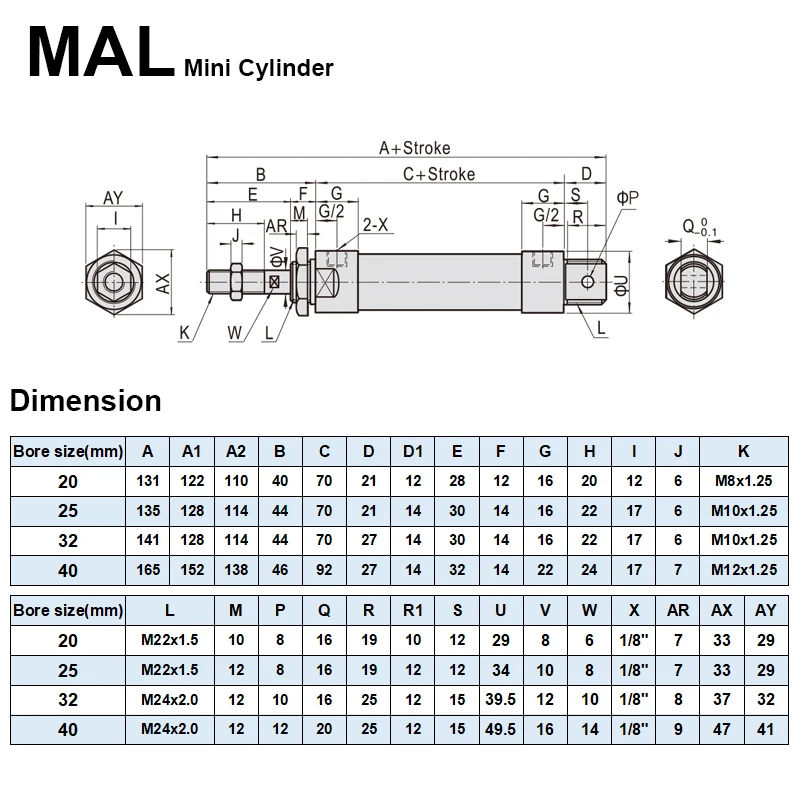 Silinder Pneumatik Udara MAL Diameter 16/20/25/32/40mm Panjang Langkah 25/50/75/100/150/200/400/500mm Silinder Udara Mini Tuas Tunggal