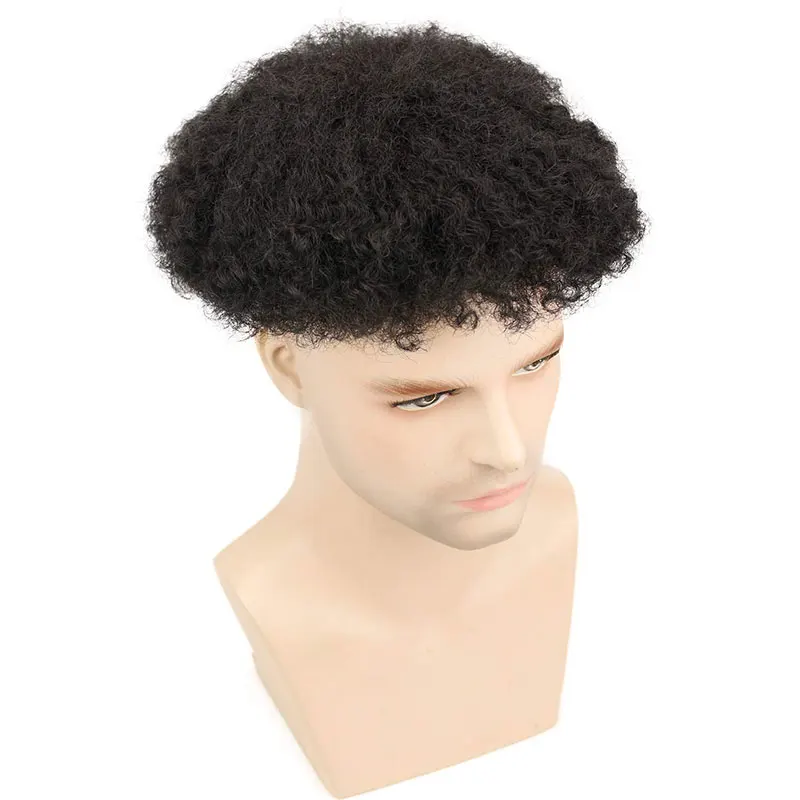 Wig rambut manusia hitam Afro Kinky Toupee renda dengan sistem pengganti rambut PU Afro Kinky keriting lndian Remy