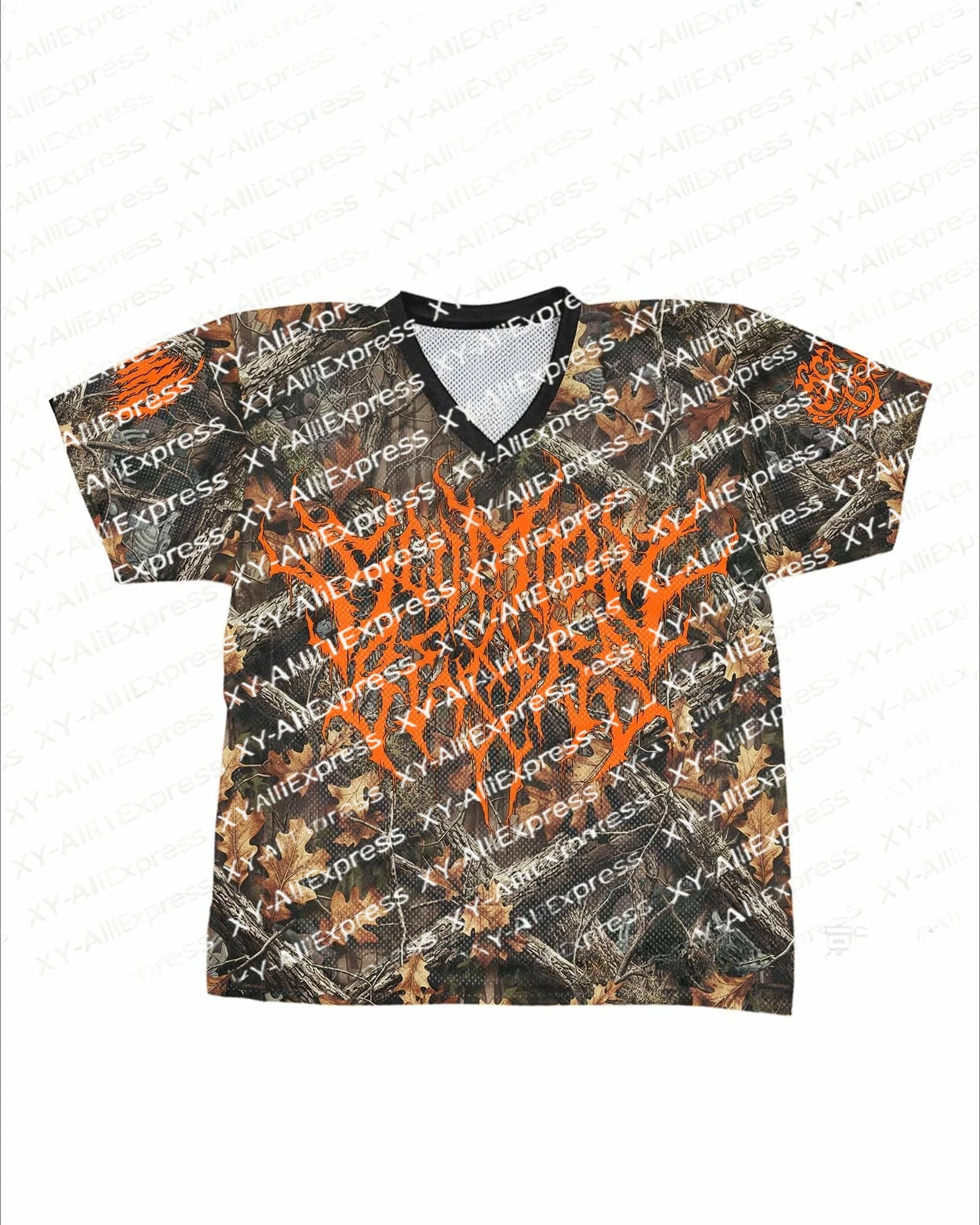 Dark-style V-neck Mesh Football Jersey with Leaf Camouflage Print, Gothic Flame Lettering Street-style Breathable Party Top