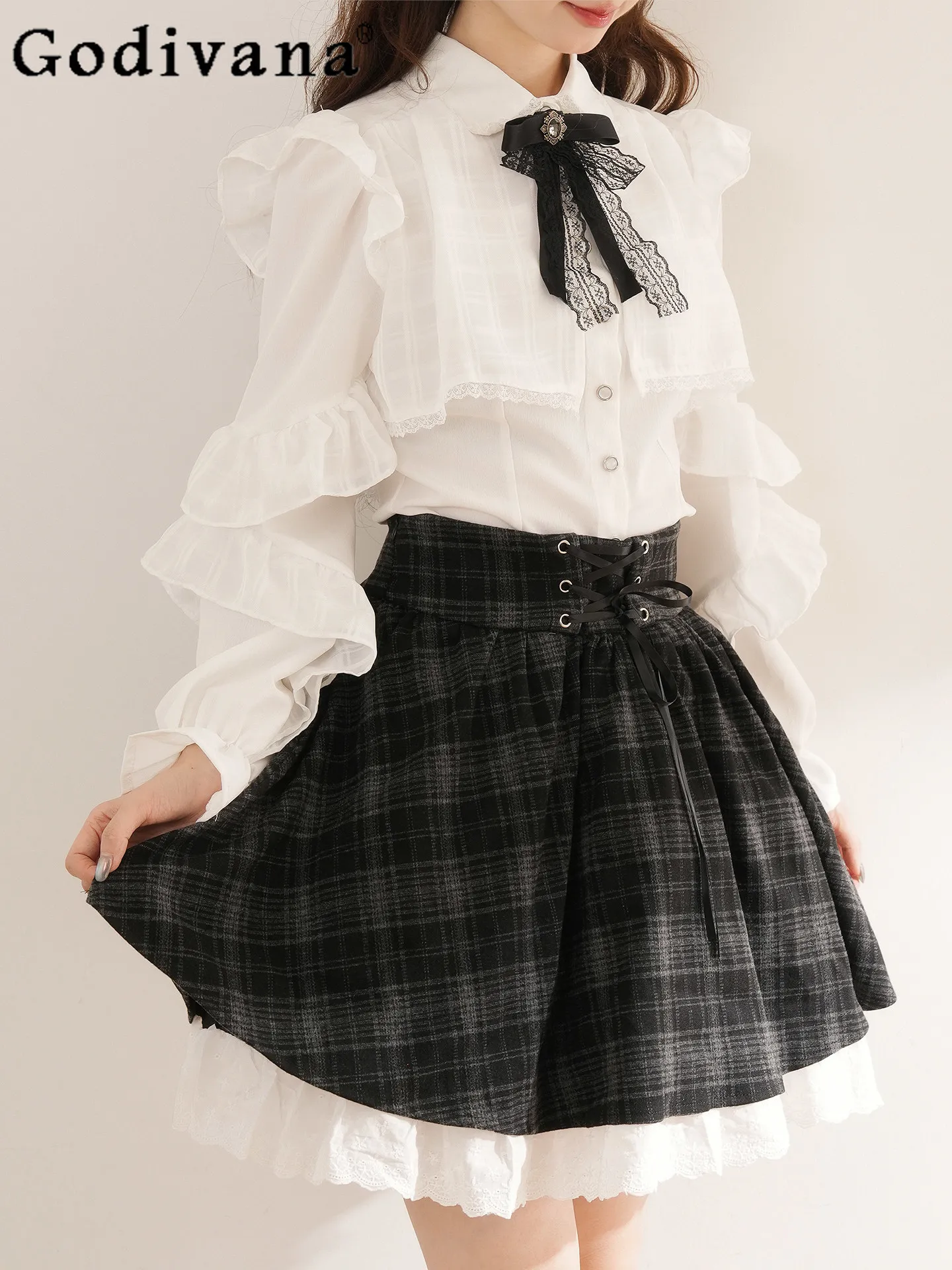 

Japanese-style Sweet Classic Gentle Cute Women's Skirt Set 2026 Spring Long-sleeve Shirt Plaid Short Skirt Two-piece Set