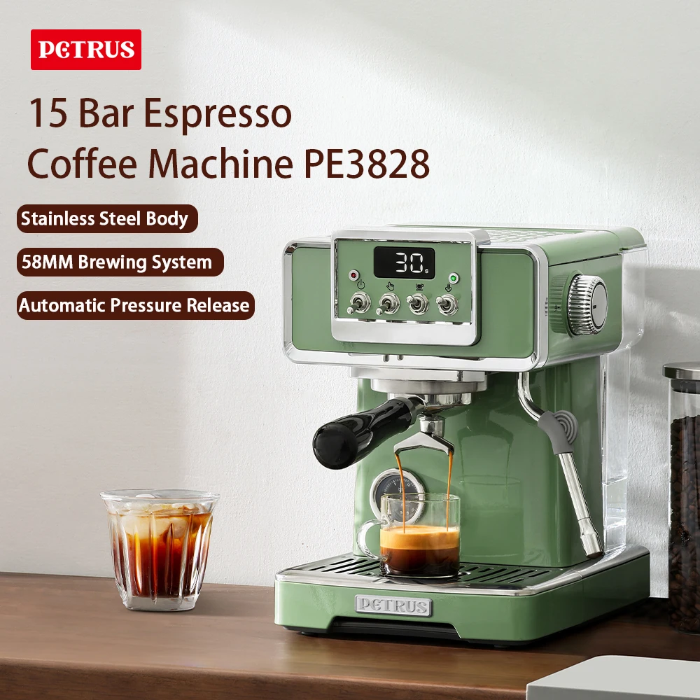 Petrus Espresso Coffee Machine 58mm/15 Bar Espresso Maker with Milk Frother Steam Wand Cappuccino, Latte