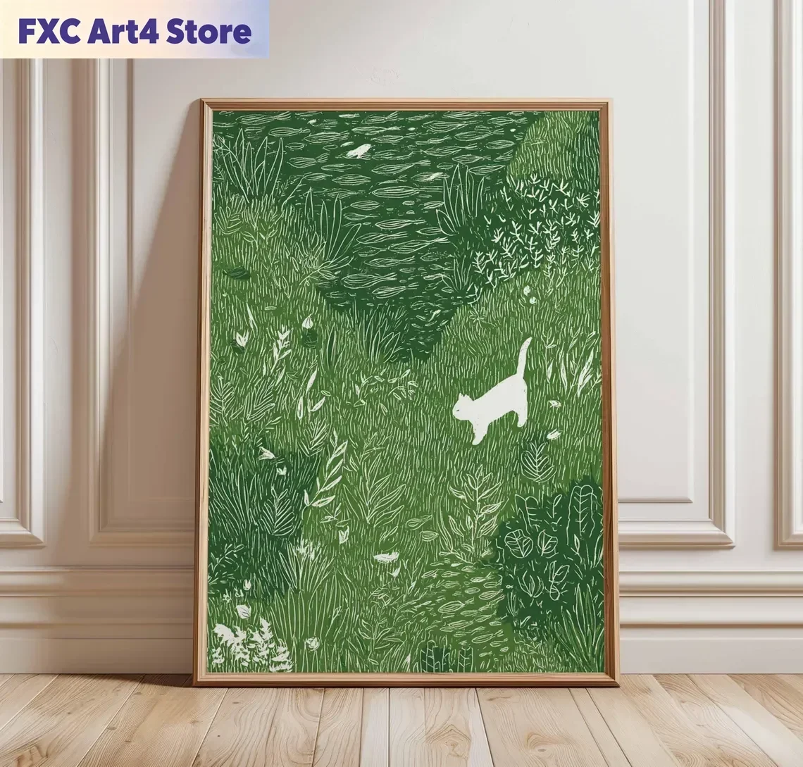 Frameless White Cat in Meadow Poster, Whimsical Animal Wall Art, Nature Grass Field Print, Playful Cat Illustration Decor