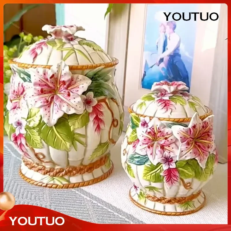 Royal Baroque Ceramic Canister with Floral Relief Design for Candy Coffee Storage Pantry Organizer Farmhouse Countertop