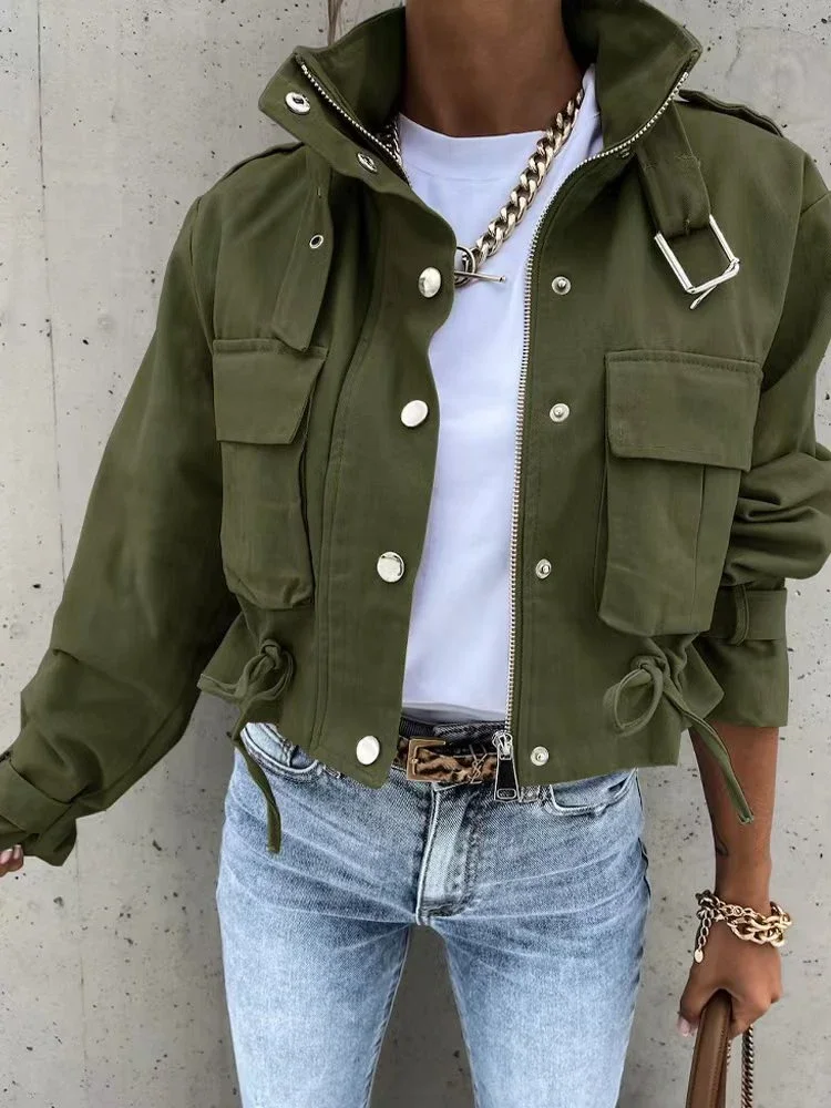 Frauen Neue Casual Langarm Kurze Jacke Damen Herbst Niet High Neck Modische Gedruckt Einreiher Jacke