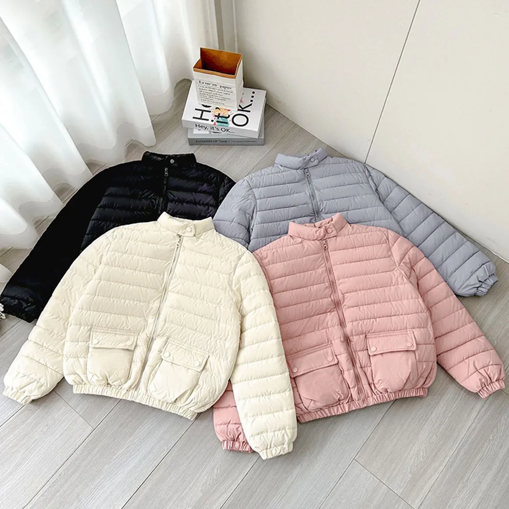 Korean Women Stand Collar Short Cotton Jacket Zip Up Warm Cotton Coat Elastic Hem Pocket Design Casual Winter Outerwear