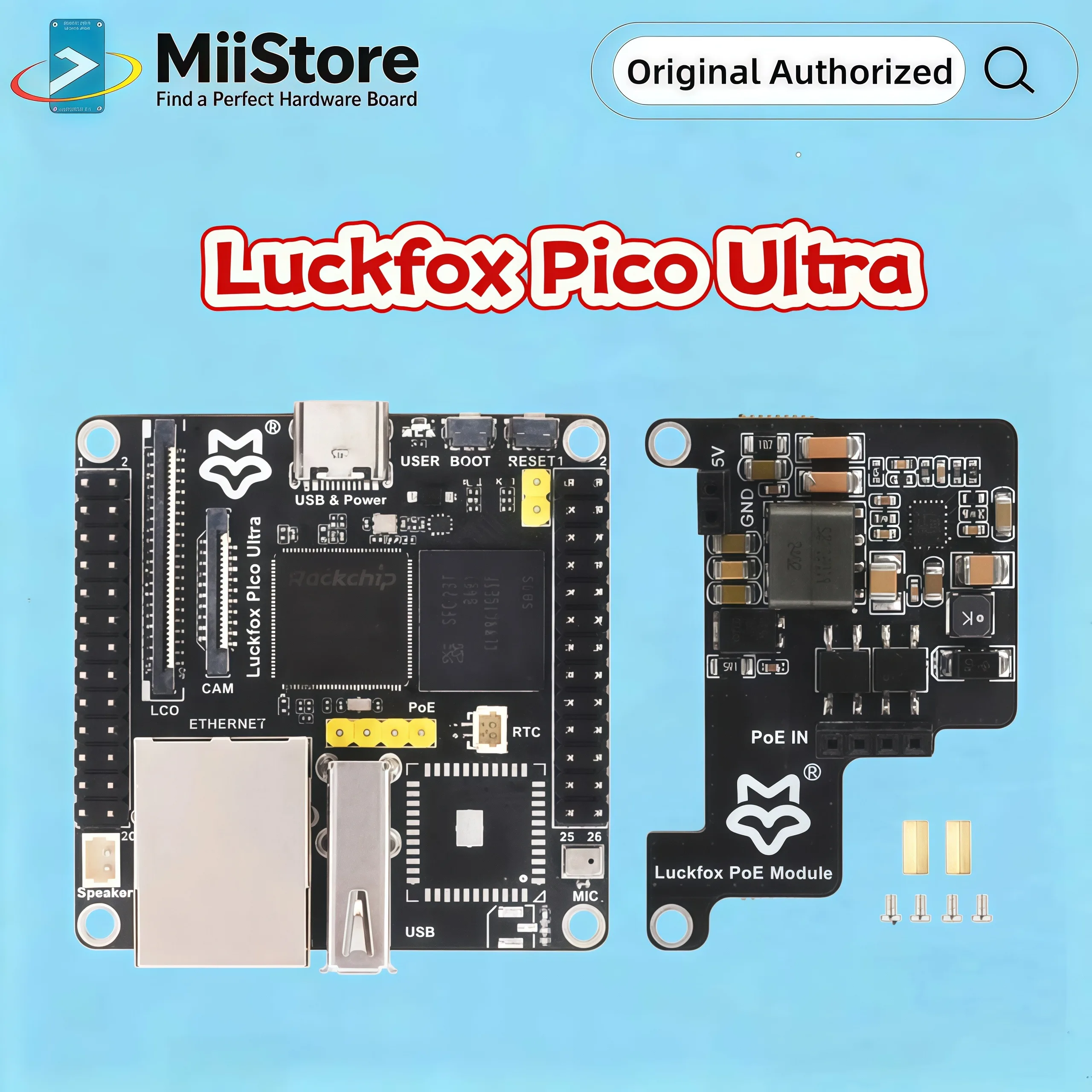 Waveshare Luckfox Pico Ultra RV1106 Linux Micro Board, Integrates aam Cortex-A7/RISC-V MCU/NPU/ISP ProcessorWireless/PoE/IPS LCD