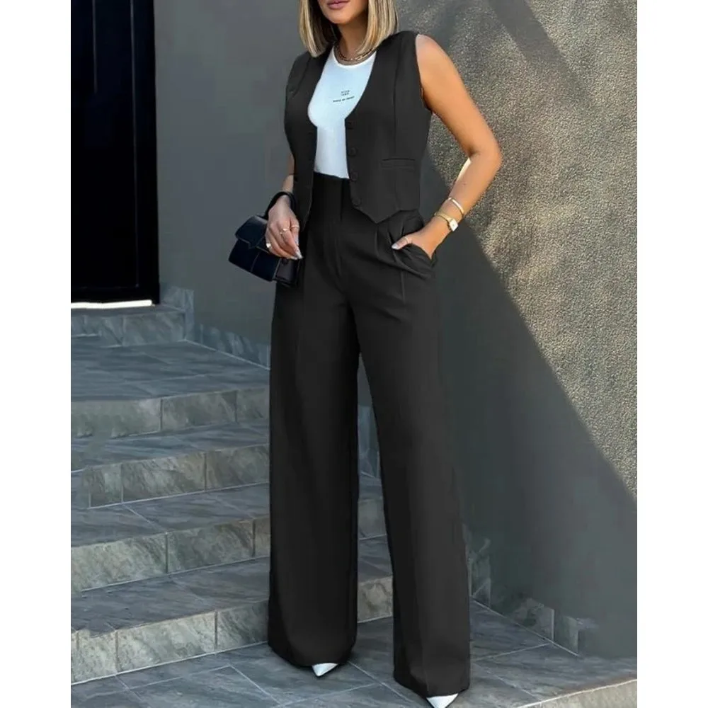 Ensembles Femme Buttoned V-Neck Waistcoat Top & Wide Leg Pants Sets Business Attire for Women Summer 2 Pieces Pants Set Workwear