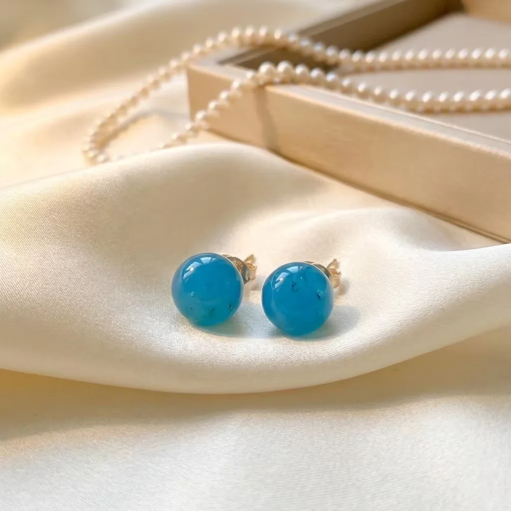Certificated 925 Silver Natural Mexican Blue Amber 8-9mm Bead Stud Earring Minimalist Genuine Gemstone Ear Huggie Unisex Jewelry