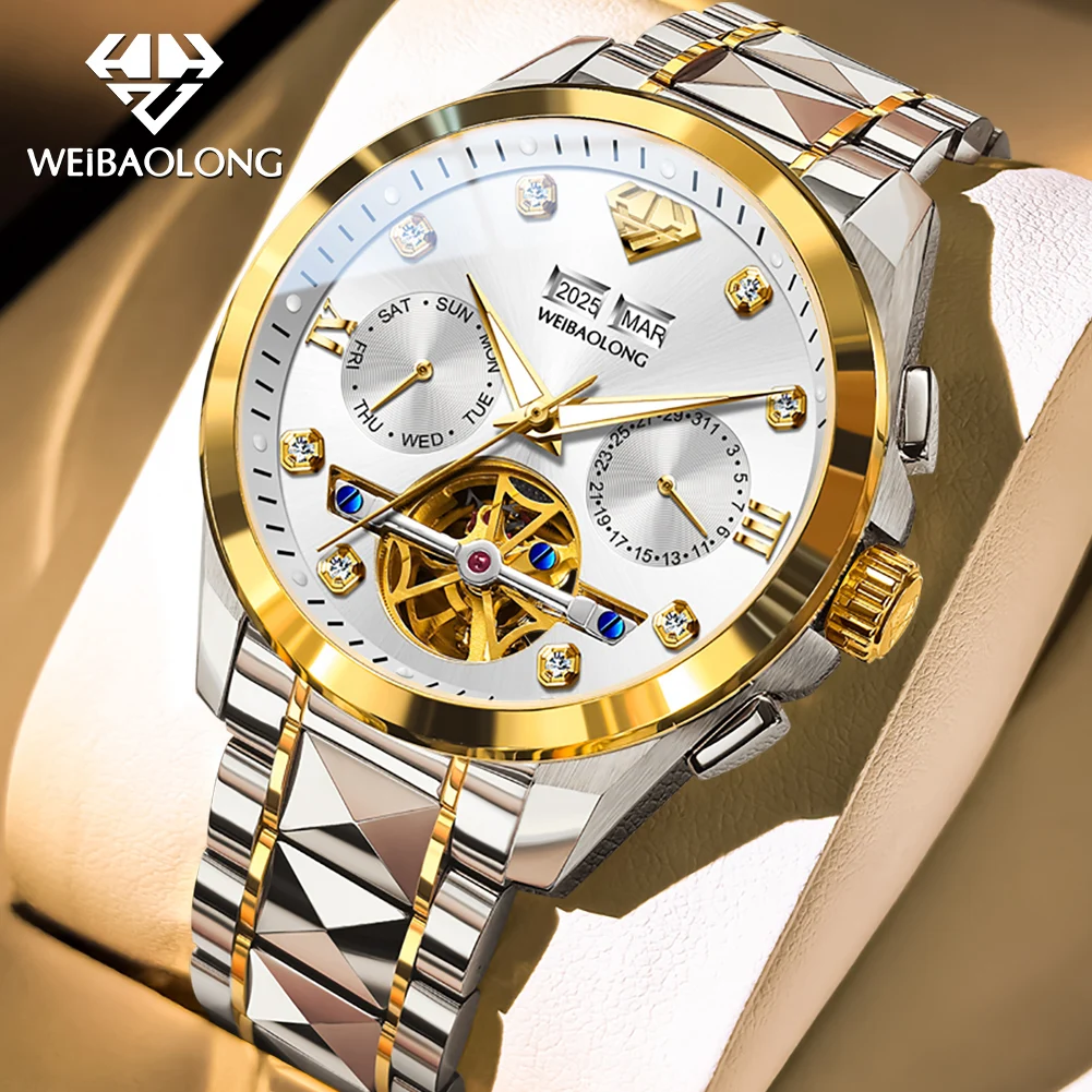 WEIBAOLONG 3801 Mens Watch Real Diamond Wristwatch Multi-functional Skeleton Original Automatic Mechanical Watch