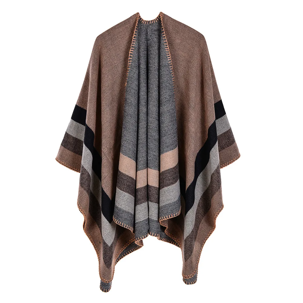 

Autumn Winter Women's Imitation Cashmere Warm Air Conditioning Shawl Sunscreen Cloak Tourism Cloak Ponchos Capes Khaki