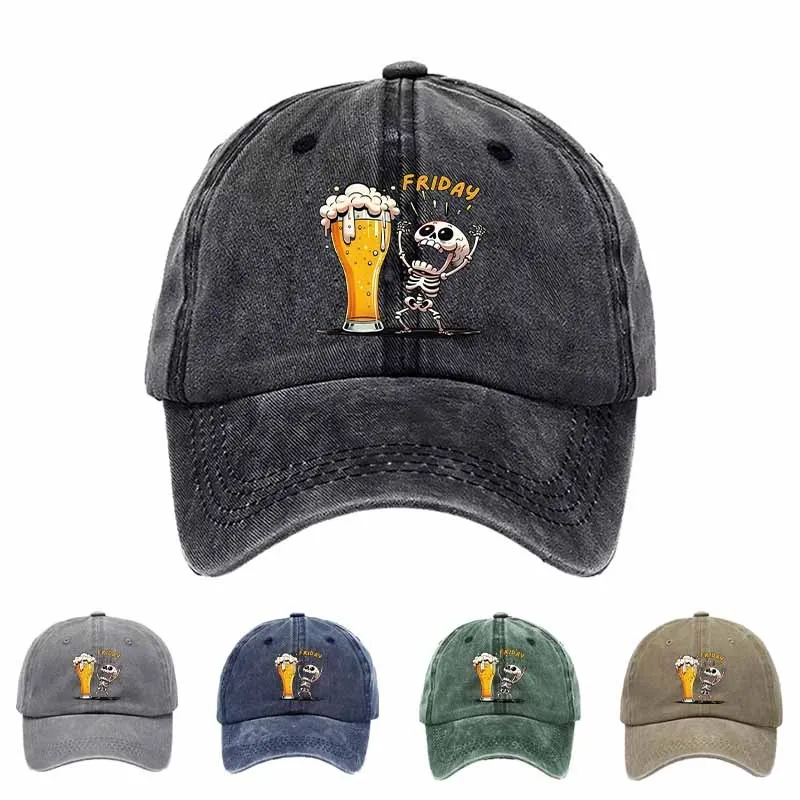 

A Humorous Cartoon Skull Baseball Cap with Beer Mug Elements, Essential for Weekend Party Celebrations