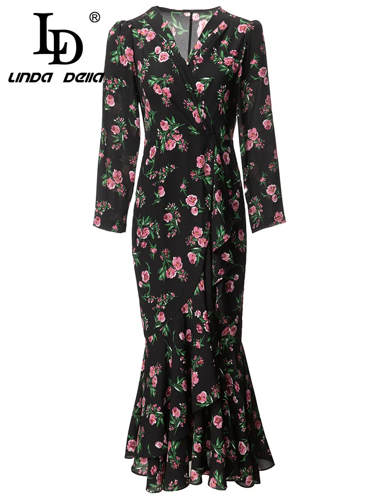 

LD LINDA DELLA 2024 Fashion Runway Summer Dress Women V Neck Long Sleeves High Waist Mermaid FLowers Print Party Midi Dress