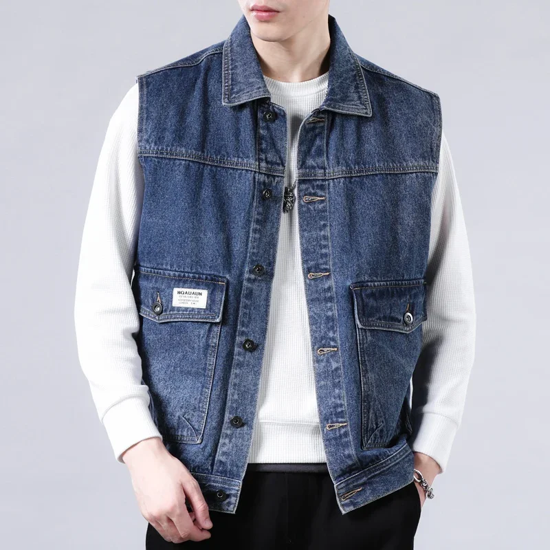 Spring Vintage Design Mens fallow Denim Vest Male Retro Sleeveless Jackets Men Ripped Hole Button slim Jean Waistcoats Clothing