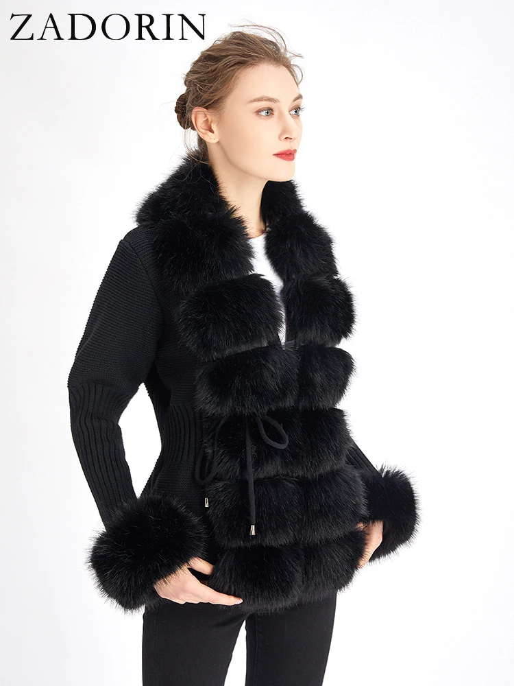 ZADORIN Luxury Fur Cardigan ถักเสื้อสเวตเตอร์แขนยาวผู้หญิงขนสัตว์ที่ถอดออกได้เข็มขัดสีขาวสีชมพูสีดำผู้หญิง Cardigan เกาหลีสไตล์