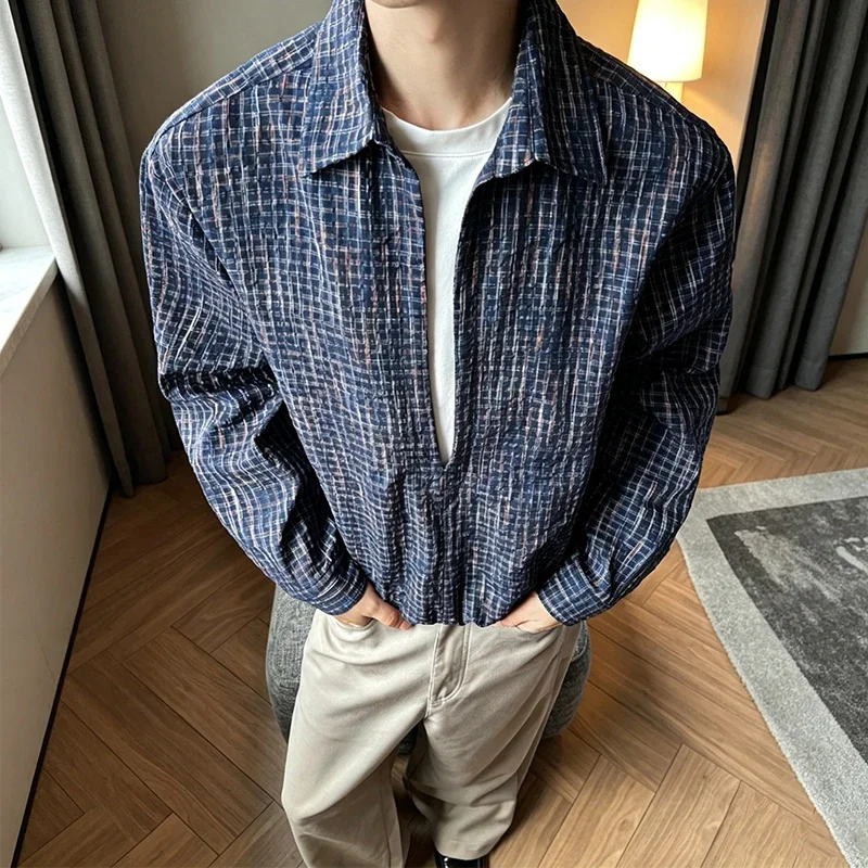 Mens Textured Check Shirt Lapel Design Long Sleeve Loose Oversized Fit Light Weight Casual Daily Outer Garment