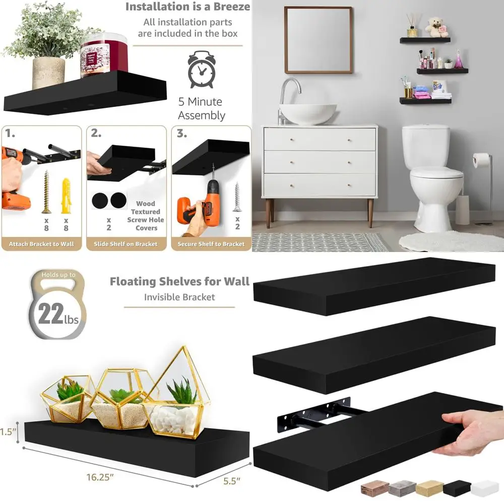 

Set of 3 Black Wooden Floating Shelves - 16 Wall Mount Storage for Living Room, Kitchen, Bedroom, and Bathroom - Ideal for Book,