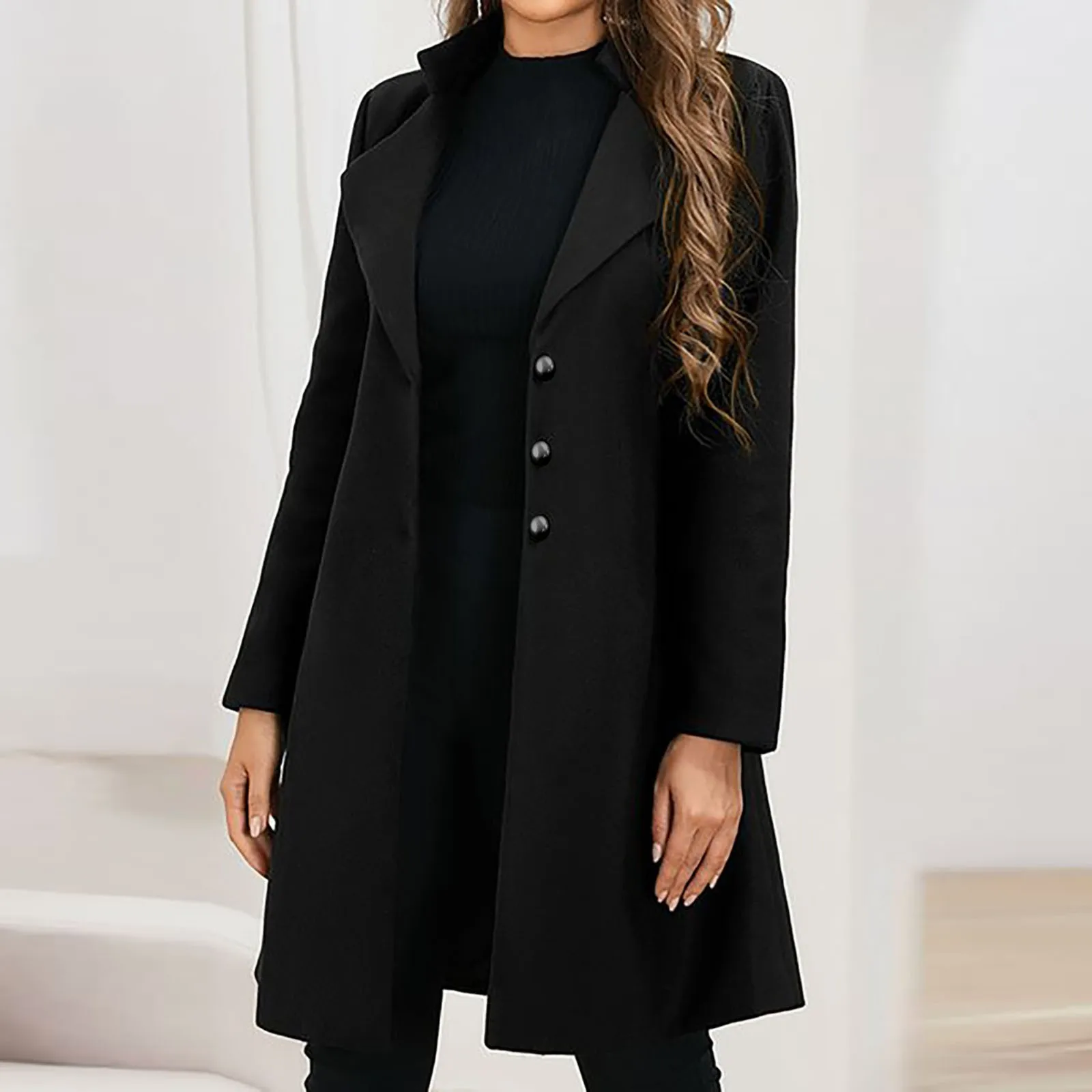 Womens Lapel Trench Coat Winter Wool Blend Mid Long Outwear Fleece Jacket Solid Color Elegant New European American Clothing