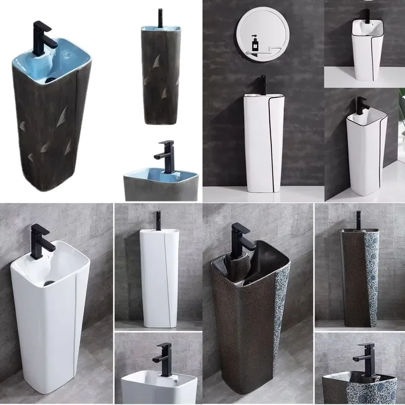 Ceramic Floor Standing Bathroom Sink Integrated Wash Basin Column Pedestal for Toilet Balcony Compact Design