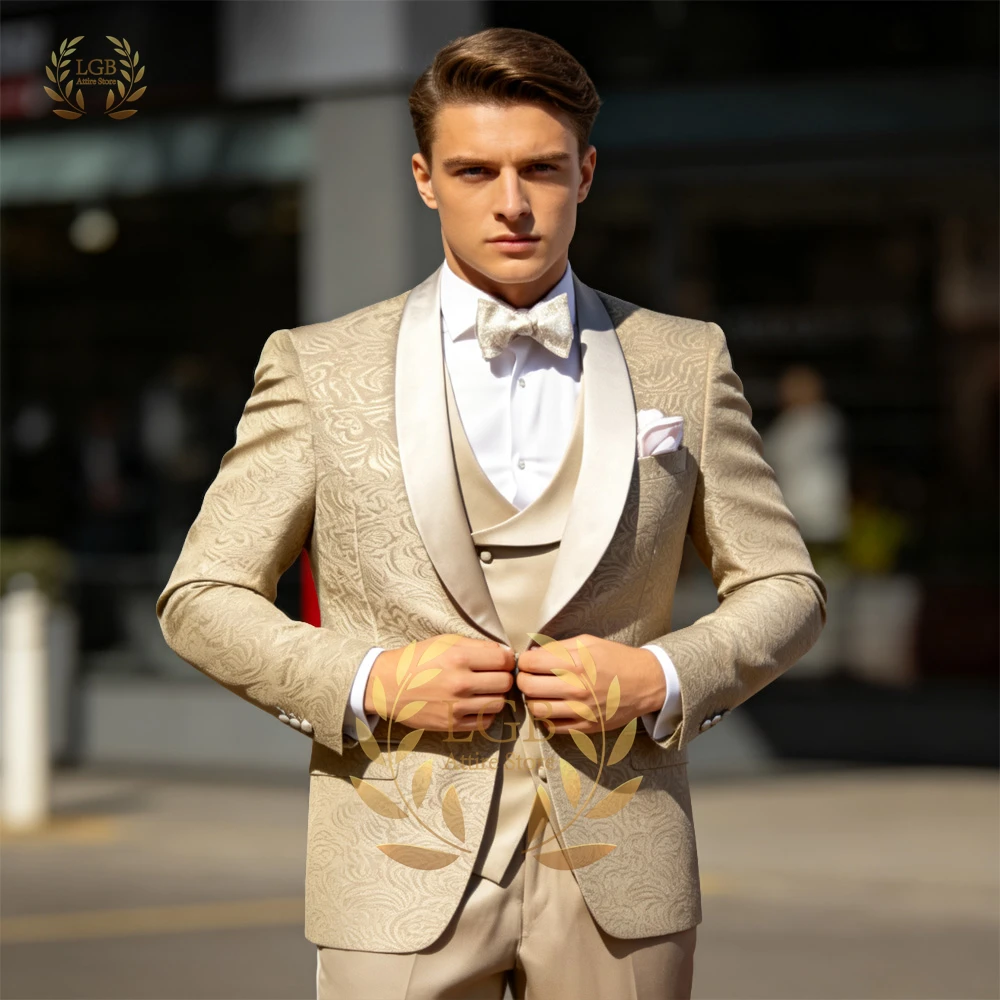 

Men's 3-Piece Jacquard Tuxedo Suit, Shawl Lapel Blazer, Waistcoat & Trousers for Weddings, Grooms & Formal Evening Ceremonies