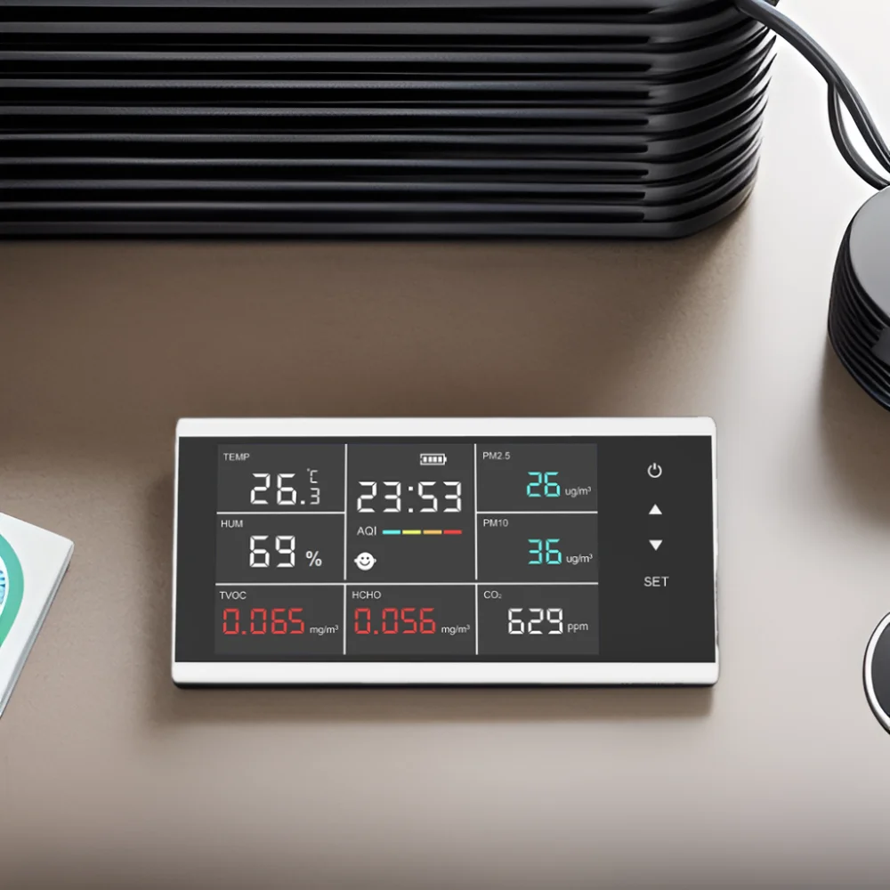 เครื่องตรวจวัดคุณภาพอากาศแบบสัมผัสหน้าจอ ตรวจจับ CO2/PM2.5/PM10 HCHO TVOC อุณหภูมิ ความชื้น พร้อมสัญญาณเตือน HCHO