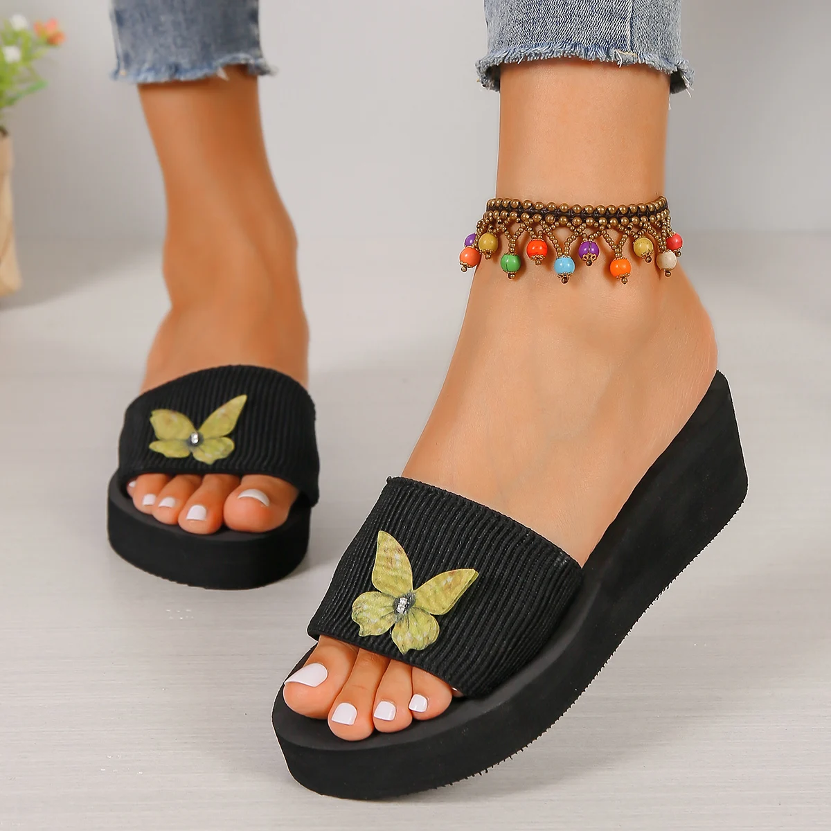 5 cm hohe, schlichte Sandalen mit Riemen in reiner Farbe, Damen-Sommer-Slipper, bequemes Schuhwerk, elegantes Design – Detail 1
