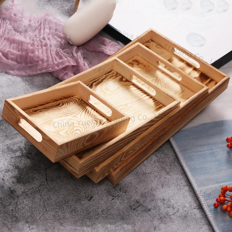 

Pine antique tray tea tray, hotel creative wooden burning color tea cup tray, wooden bread pastry heart tray