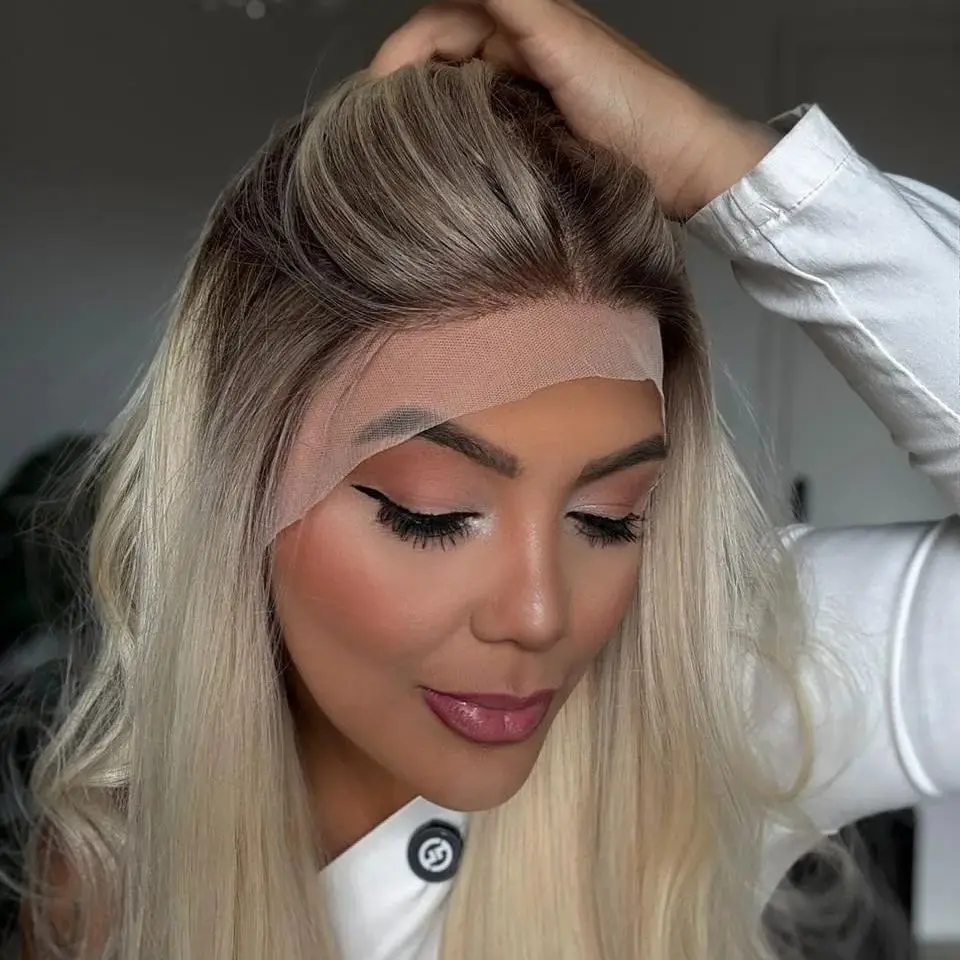 

High Quality Wigs Ombre Light Blonde 13*4 HD Invisible Lace Front Wig 26 Inch Long Loose Wave Synthetic Wigs Average Size Cap