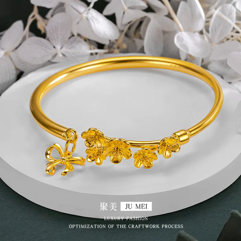 9999 24K  real gold store, same gold, women's solid bow bracelet with beautiful opening and plum blossom design, luxurious jew