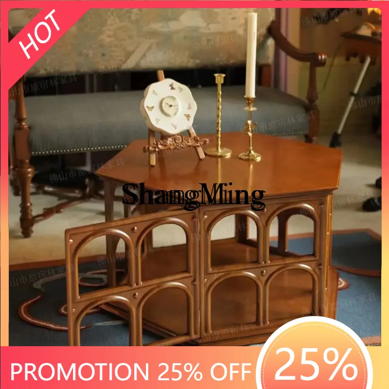 

FG solid wood hollow tea table hexagonal retro solid wood household round arched side table corner table