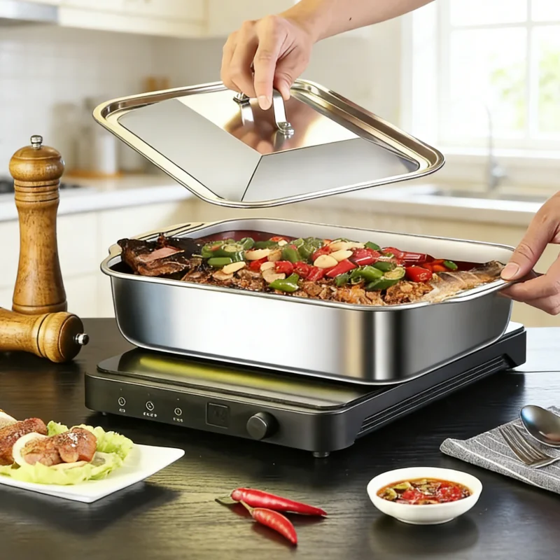 1 Piece Barbecue Tray with Lid, Round Barbecue Grill, Fish Grill Tray, Plate for Grilling Fish with Lid, Thickened Fish Grill Plate, Stainless Steel Fish Grill Plate