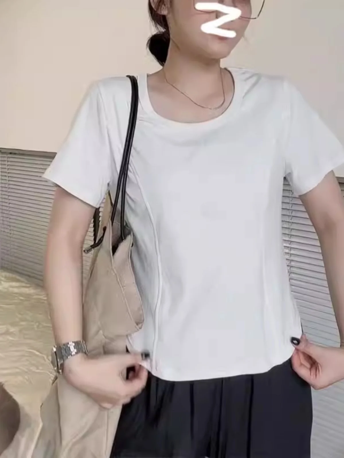 plus Size Women's Summer Trendy Slimming Short Sleeve White T-Shirt High Waist Flattering Top for Plump Ladies Belly Concealing