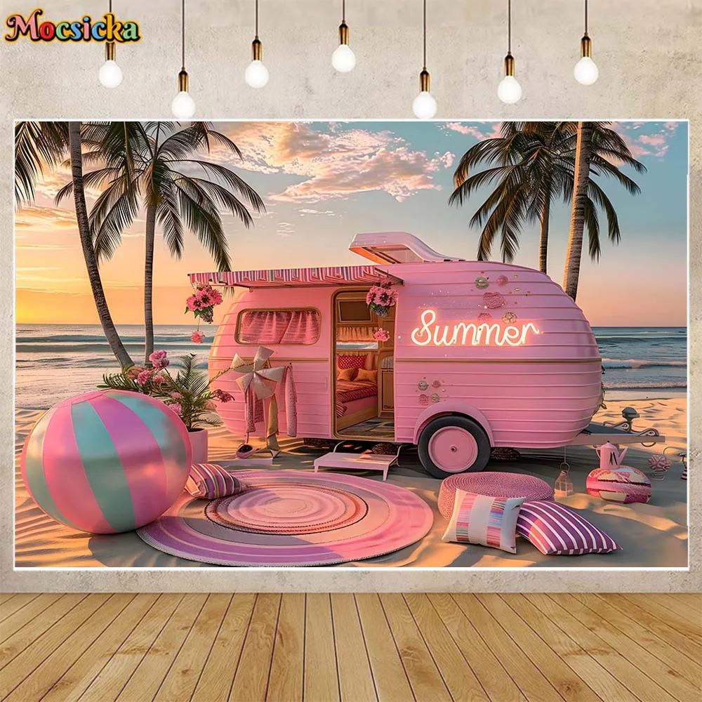 Mocsicka Summer Backdrop Photography Beach Sunset Pink Van Palm Tree Tropical Holiday Photo Background for Studio Shooting Props