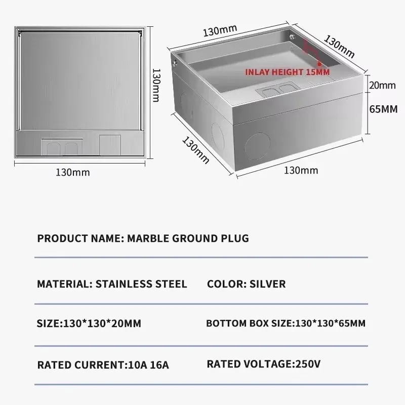 Floor Box Outlet, Hidden, UK US EU BR FR Standard Power USB  RJ45 Socket, Embedded, Build-in, 130mm x 130mm