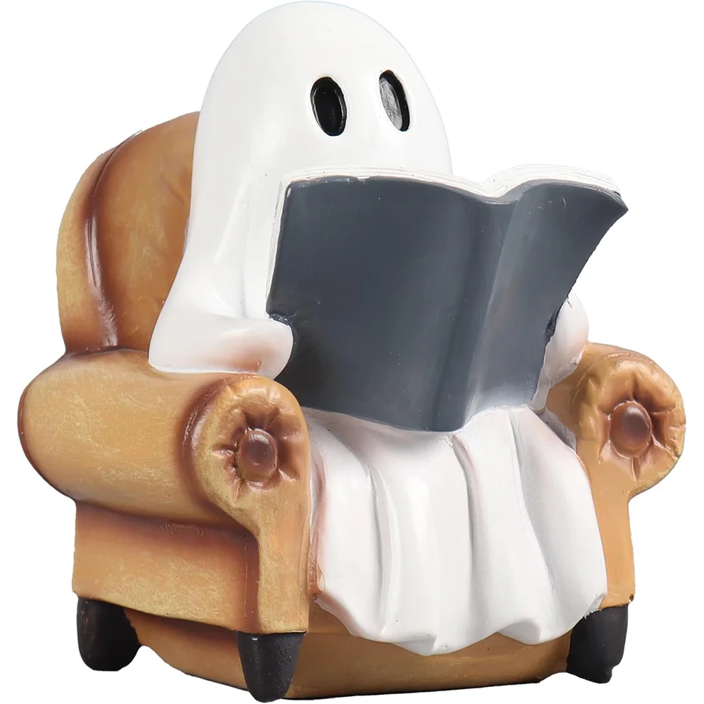 8CM Cute Ghost Reading Book Resin Figurine Modern Style Spooky Ghost Sitting On Sofa Statue Unique Halloween Tabletop Decor