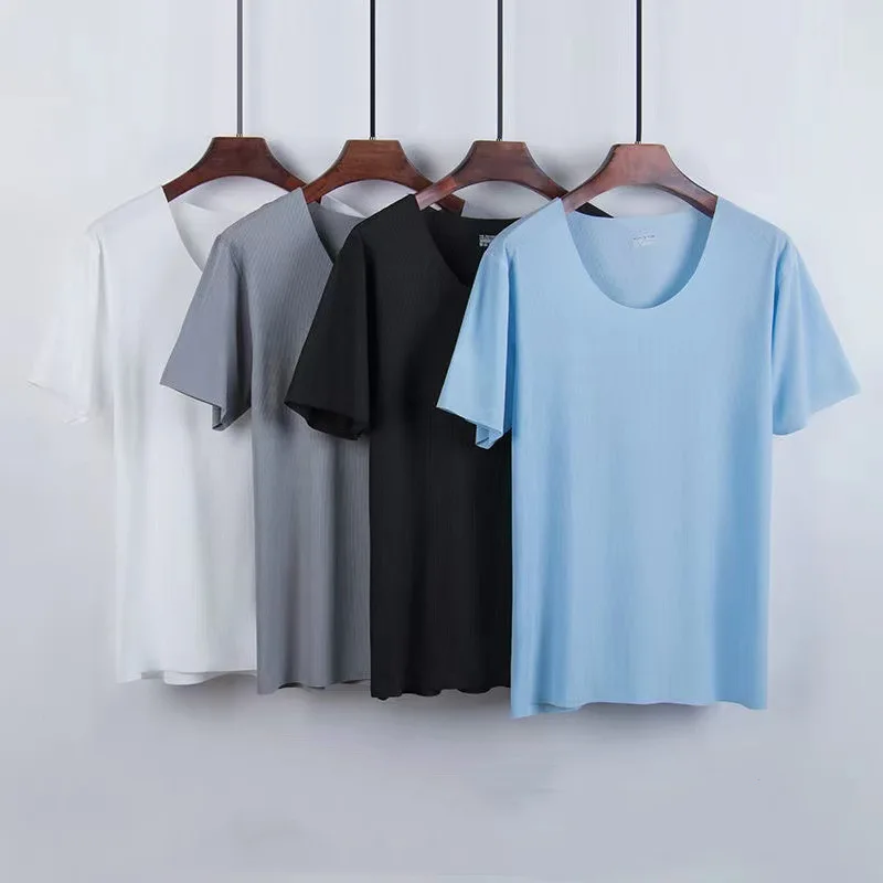 New Ice Silk Pyjamas Men's Summer Loungewear Set Modal Seamless Crew Neck Lightweight Short-Sleeved T-Shirt Summer Outfit