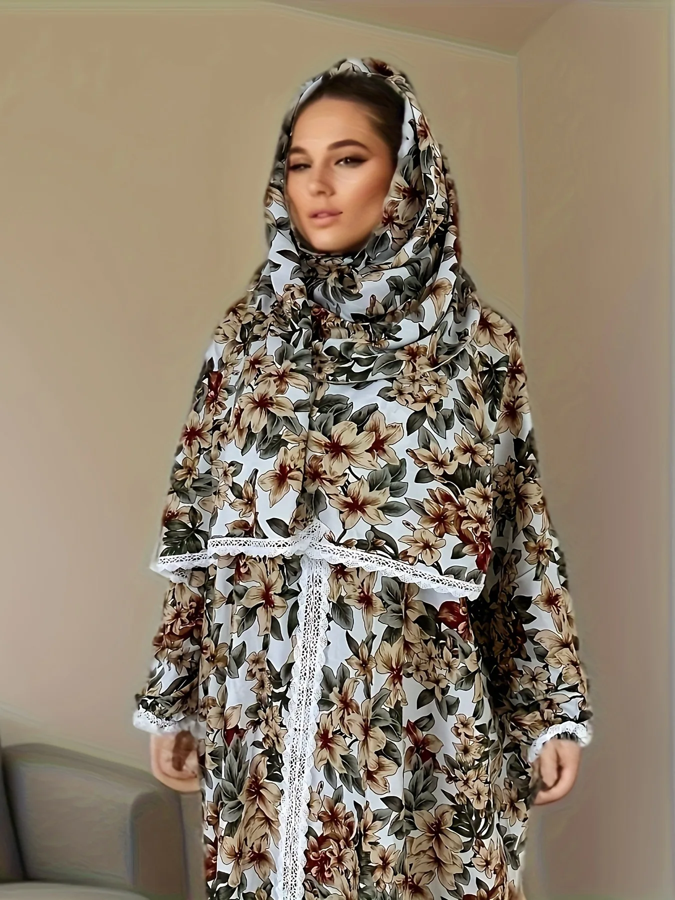 Islamic Plus Size Dress, New Middle Eastern Muslim Robe, Traditional Lace Scarf, Integrated Luxury Fashion, Printed Prayer Robe