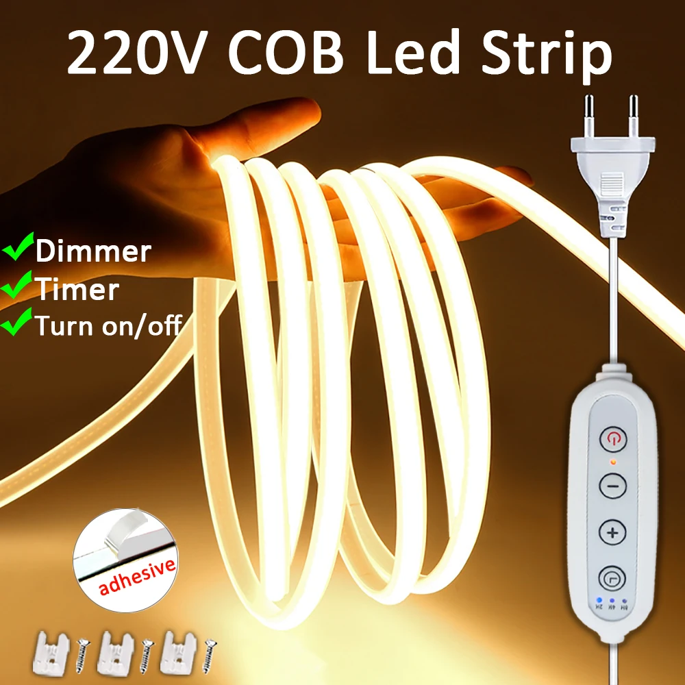 High Brightness Led Strips 220V LED COB Adhesive Led Ribbon Tape Lights for Home Kitchen Lighting, Include EU Plug and Switch