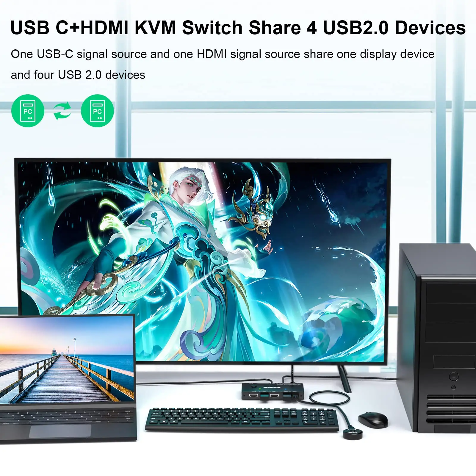 KCEVE rodzaj USB C przełącznik KVM 2 w 1 na zewnątrz 4K USB HDMI przełącznik KVM wsparcie PD charge dla 2 komputery współdzielą 1 monitora i 4