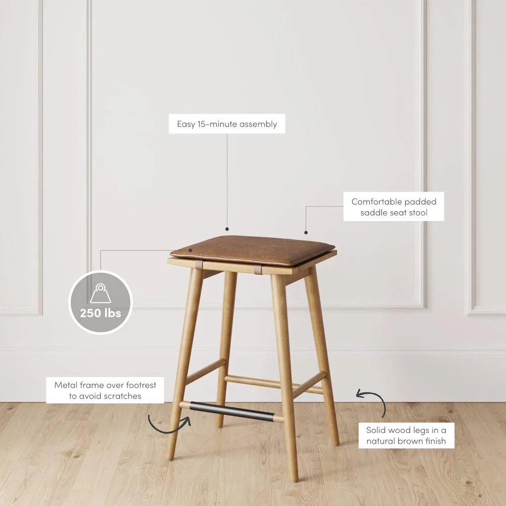 Classic Counter Height Wooden Bar Stool with Removable Leather Cushion for Kitchen Island, 24 Inch Backless Seat