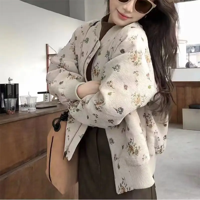 Vintage Floral Baseball Jacket For Women Girls Loose Sweatshirt Long Sleeve Zipper Casual Cropped Coat Spring Autumn Outerwear