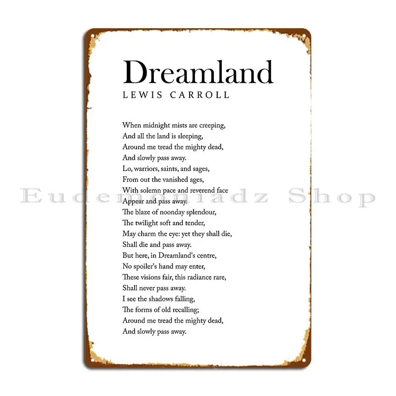 Dreamland Lewis Carroll Poem Literature Typography Print 1 Metal Sign Bar Create Design Personalized Cinema Tin Sign Poster