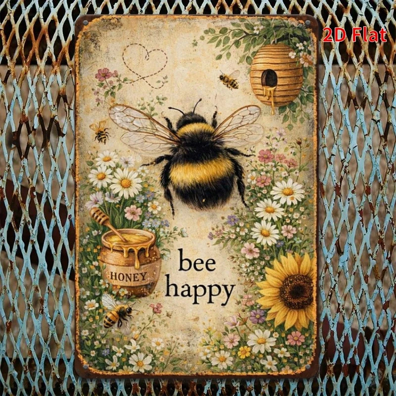 2D Flat - Decorative Sign 2D Flat - [2Dflat], 1pc Metal Tin Sign, Bee Happy Vintage Bee Floral Honeycomb Pure Flower Sunflowe