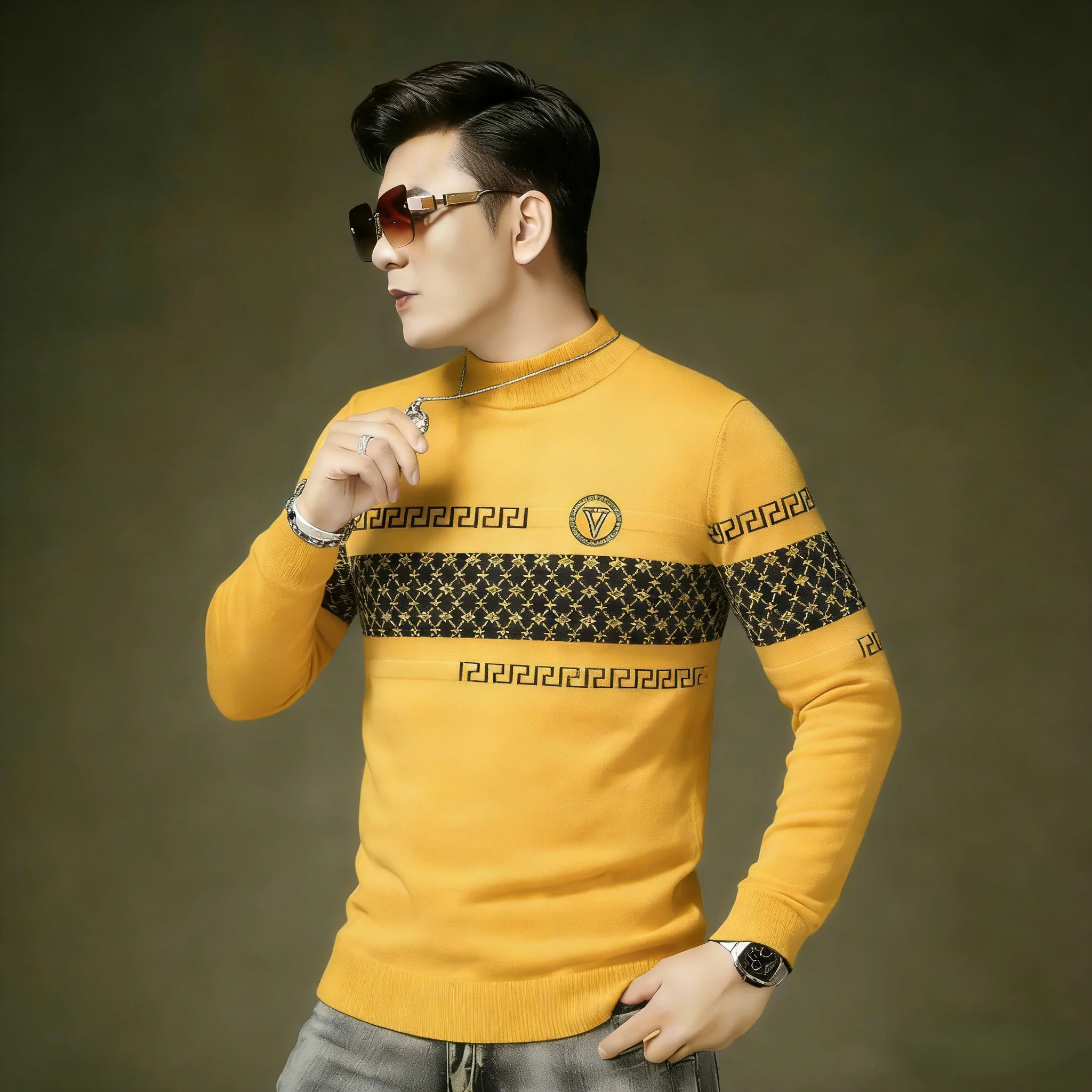 

Faionable Geometric Embroidery Knitwear round Ne Slim Fit Men's Sweater Base irt Soft Cozy Winter Casual Urban Sle